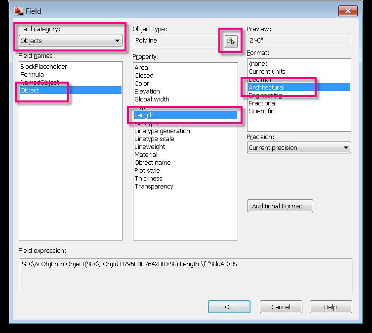 STEP 4: Using the FIELD dialog define the following settings: Field Category: Field Names: Objects Object STEP 5: STEP 6: Select the PICK OBJECT button for the OBJECT TYPE and select the RED REBAR