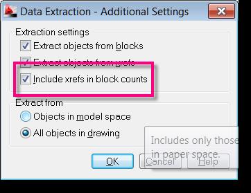 Using the INSERT TABLE dialog, select the setting to create a table FROM OBJECT DATA IN THE DRAWING (DATA EXTRACTION) Pick the OK