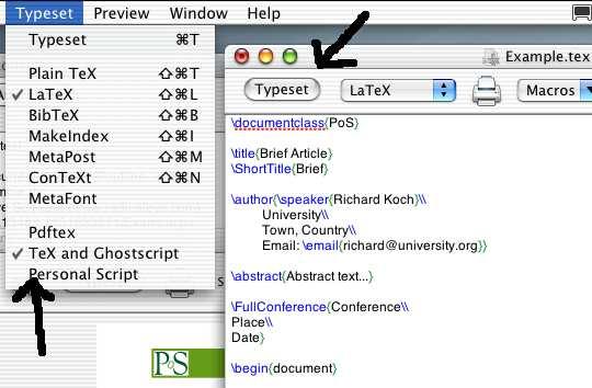 Figure 2: Compiling a LATEX file with TeXShop. All you need do is write your metadata in the places where you find Title, Author, Affiliation, email and Abstract.