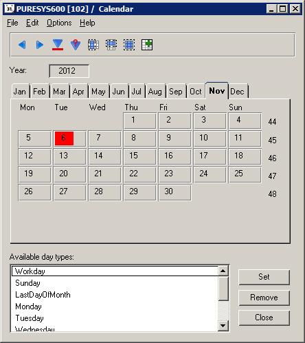 1MRS756635 Issued: 31.3.2010 Version: C/30.09.2012 SYS 600 9.3 Figure 11.1: The Calendar tool In the toolbar there are shortcuts to the most used commands.