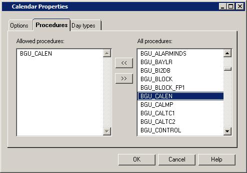 1MRS756635 Issued: 31.3.2010 Version: C/30.09.2012 SYS 600 9.3 Procedures Figure 11.9: Allowed procedures Allowed procedures can be defined in the Procedures tab of the Calendar Options dialog.