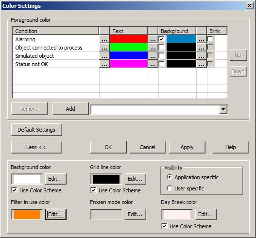 1MRS756635 Issued: 31.3.2010 Version: C/30.09.2012 SYS 600 9.3 Figure 5.10: The Color Settings dialog. To add a new coloring rule to the list, click Add.