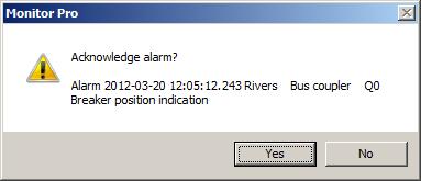 1MRS756635 Issued: 31.3.2010 Version: C/30.09.2012 SYS 600 9.3 6.3.2 Acknowledging alarms Acknowledgement of a single alarm is done by selecting the alarm row from the Latest Alarms dialog, see Figure 6.