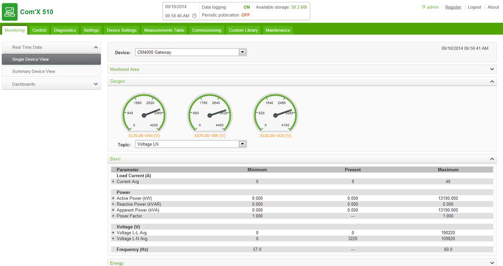 Com X 510 Energy Server Com X 510 Monitoring Com X 510 Monitoring Monitoring Overview The Com X provides views of real-time data and trends along with historical data log trends and dashboards.
