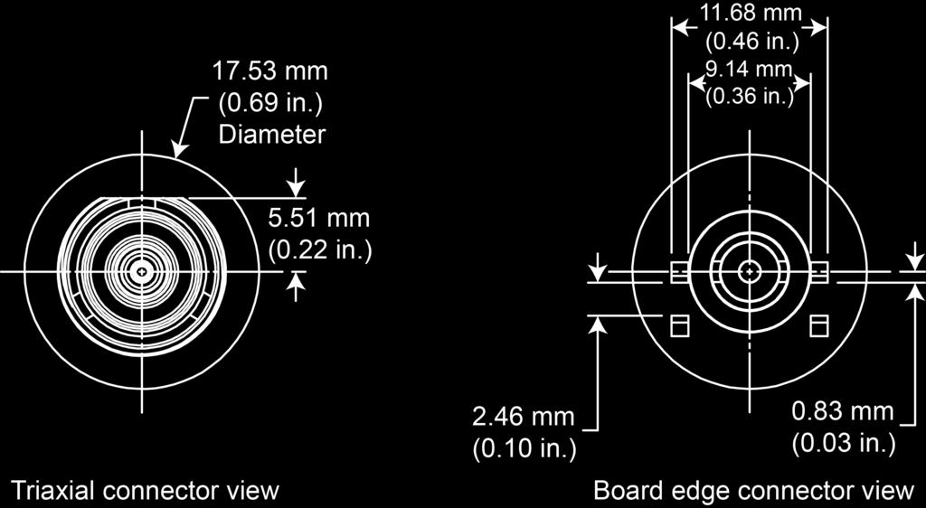 HV-CS-1589 3 kv Edge Mount Triaxial Jack Figure 3: HV-CS-1589 triaxial and board edge connector view dimensions Electrical