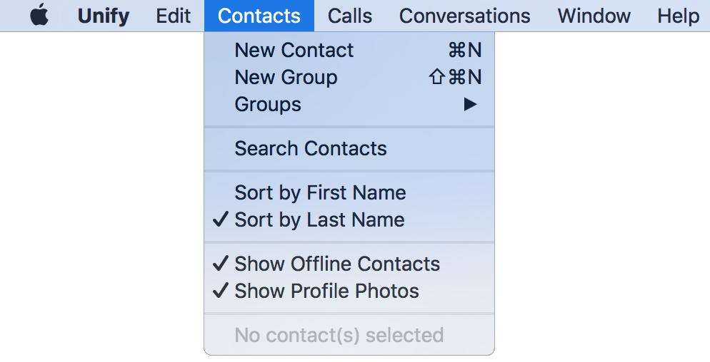 Main Window Contacts Menu Use the Contacts menu to: Add a new contact or group (see Contacts for more information) Access groups you have created Search contacts Sort or filter contacts Figure 14: