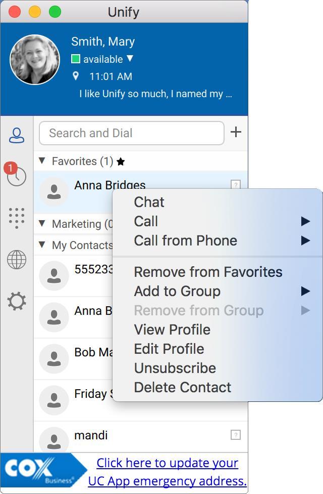 Contacts Contact Options Press the Control button plus the contact name to display the contact submenu.
