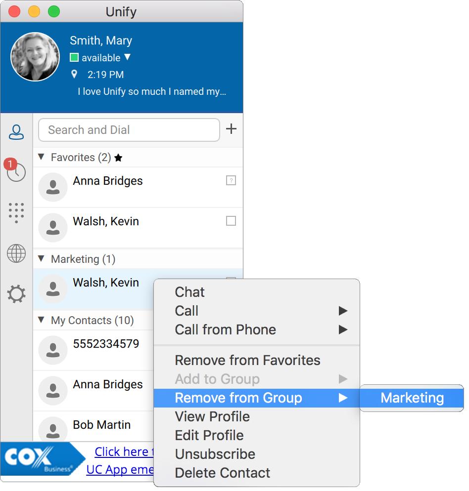 Add to or Remove from Group Contacts Select Add to Group on the contact submenu, and then select the group to which the contact should be added.