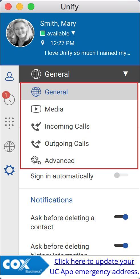 Preferences Preferences Preferences provide access to available settings for the UC App. Click the Preferences icon ( ) on the left pane of the Main window to display a menu of setting categories.