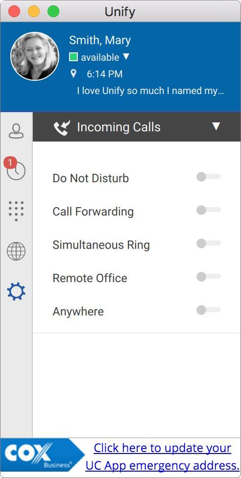 Preferences Incoming Calls The Incoming Calls category allows you to make changes to the following settings: Do Not Disturb Call Forwarding Simultaneous Ring Remote Office Anywhere Figure 37:
