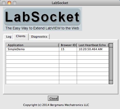 10. The LabSocket Status window mentioned earlier features two other pages: The Clients page (Figure 7) displays the Client ID of each connected browser in the Browser ID column.