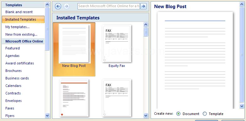 Click the My Templates category to open a dialog box. Click the Featured category to select a template from the Spotlight section.
