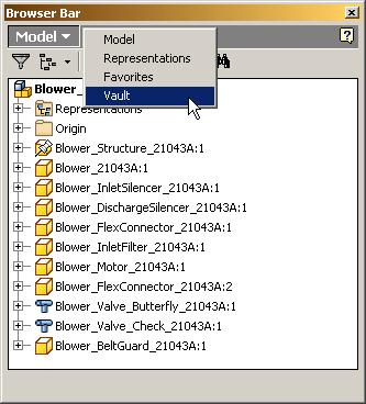 For each type of Inventor file, the model browser can be toggled to show the Vault browser.