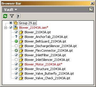 Figure 15 - The Inventor Vault Browser If a file is modified through the vault client application, its status in the Inventor Vault browser does not automatically update to reflect the modification.
