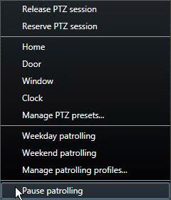 Patrolling is paused for 10 minutes by default, but your system administrator may have changed this. 1. In the view, select the PTZ camera that you would like to pause patrolling on. 2.