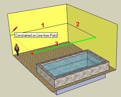 Google SketchUp Exercise 3 7. Now we can make the loft floor. It will be a simple rectangle which extends as far as the pool below. Start with a line along one wall like this: 8.