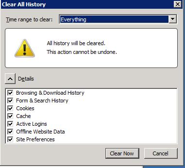 c. In the Clear All History window, set Time range to clear to Everything, and then click on Clear Now. Log back in to the CVVB admin page and repeat the process beginning at step 4.