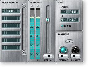 4 - The PatchMix DSP Mixer Main Section Output Section Clip Indicators Main Output Level Fader Sync/Sample Rate Indicators Main Insert Section Monitor Mute Monitor Balance Output Level Meters Monitor
