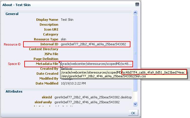 Figure 49 11 Checking Resource IDs in WebCenter Spaces Internal IDs are not easy to remember like display names.