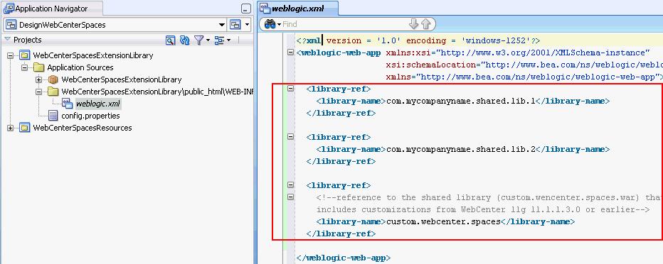 mycompanyname.shared.lib.2</library-name> </library-ref> <library-ref> <!--reference to the shared library (custom.wencenter.spaces.war) that includes customizations from WebCenter 11gR1 11.1.1.3.