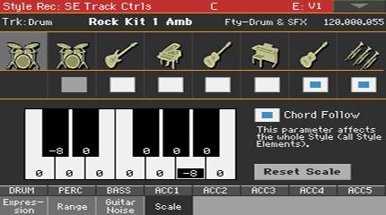 11 Enabling the Chord Follow option 1 Go to the Style Record > Style Element Track Controls > Scale page. 2 Use the Chord Follow checkbox to turn the option on or off.