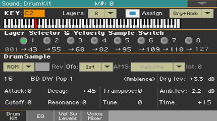 14 Dry+Amb menu A new Dry+Amb menu has been added to all the Sound Edit > DrumKit section pages,