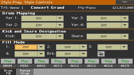 8 Fill Mode The Fill Mode parameters have been added to the Style Play > Style Controls > Drum/Fill page: The Fill Mode parameters allow for automatically choosing a Variation at the end of each