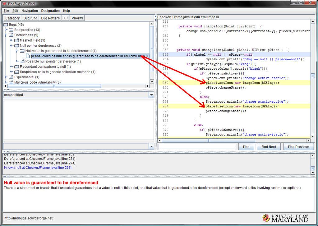 FIGURE 14 - GUARANTEED NULL DEREFERENCE For this project, FindBugs discovered what the tool says is a guaranteed null dereference. This, however, is a false positive.