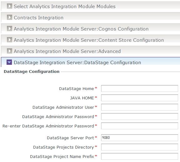 The following image shows the options that you must configure for InfoSphere DataStage. Note: The alues listed in the image are examples. Consult your network administrator for details.