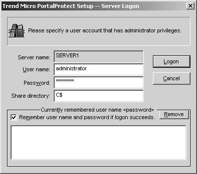 Installing and Removing PortalProtect 6. The target server logon screen appears: The setup program requests that you input a user name and password to connect to a target server.