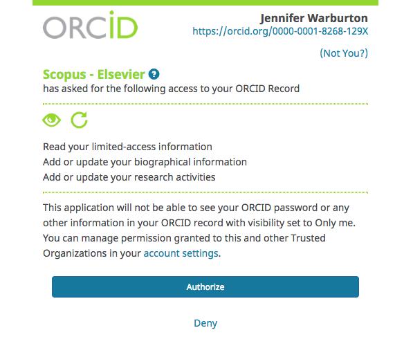 Authorise access and data exchange between ORCID and Scopus This launches the Scopus