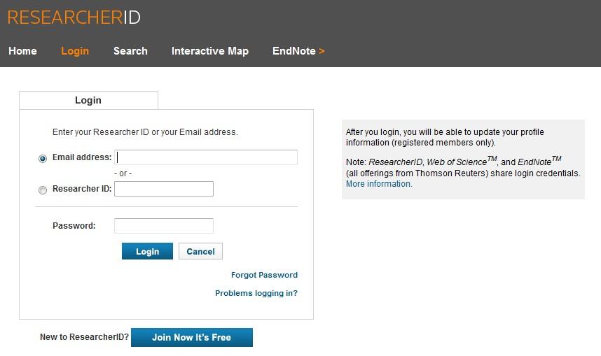 This launches ResearcherID. Enter your ResearcherID details to log in.