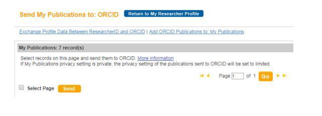 Select publications from your list (100 per page). Send through to ORCID.