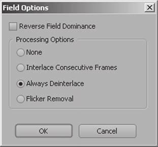 Figure 1-1 Choosing Always Deinterlace in this Field Options window ensures that all footage gets deinterlaced.