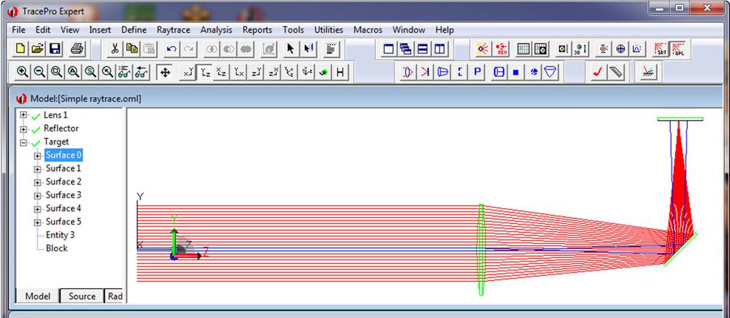 A Complex Ray Trace with ray paths shown TracePro 7.