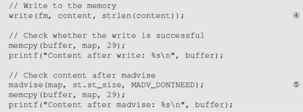 Mapping Read-Only Files: the Code Line 4: The write() system call writes a string to the memory. It triggers copy on write (MAP_PRIVATE), i.e., writing is only possible on a private copy of the mapped memory.