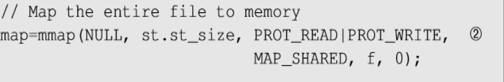Memory Mapping using mmap() Line 2 calls mmap() to create a mapped memory 1st arg: Starting address for the mapped memory 2nd arg: Size of the mapped memory 3rd arg: If the memory is readable or