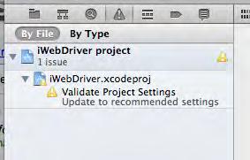 Chapter 7 4. Set your build configuration to iwebdriver > iphone 5.0 Simulator in the Scheme drop-down box on the top left-hand side of the Navigator pane in Xcode IDE.