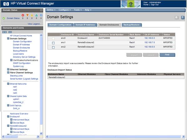 Virtual Connect Manager imports the enclosure and provides status information.