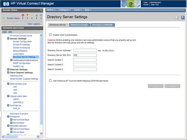 Directory Settings (Directory Server) screen This screen enables Administrators to set up an LDAP server to authenticate users accessing the CLI or GUI based on user name, password, and role.