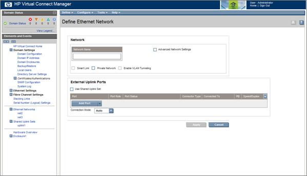 Define Ethernet Network screen The Define Ethernet Network screen is accessible to all users with network privileges from the Define a Network link on the Virtual Connect Manager homepage or the