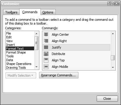 130 Part II: Creating Visio Drawings Figure 5-5: Add the Justify and Distribute commands to the Formatting toolbar when you need them.