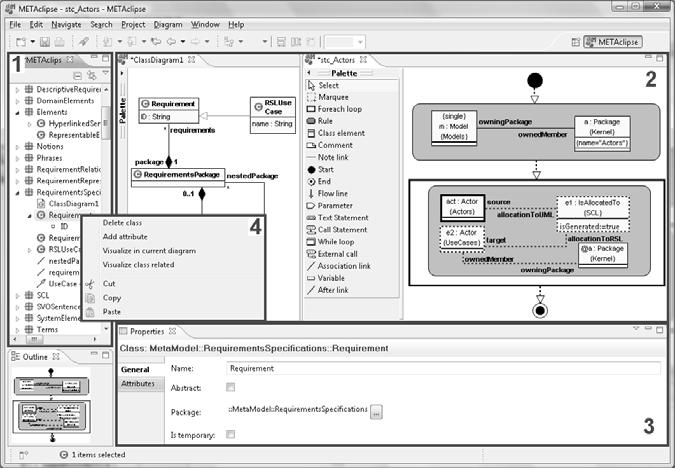 The look and feel and general operation principles in METAclipse engines were adopted from Eclipse standard editors so that the editors would fit smoothly in the Eclipse environment.