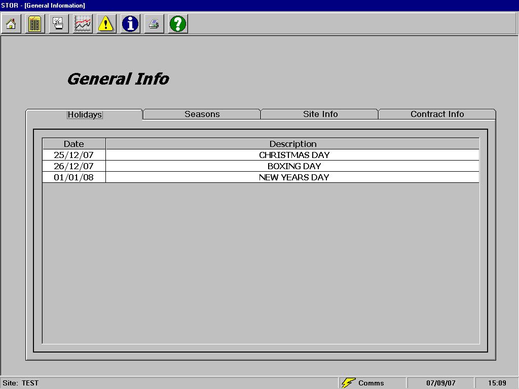 3.7.1 Holiday Information The General Information Holiday screen details the date and description of