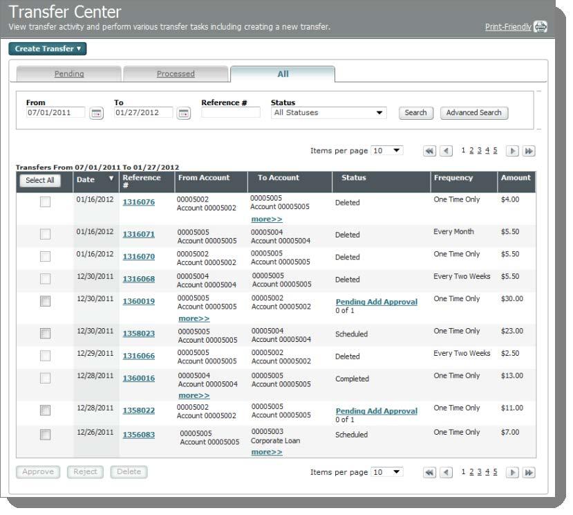 Chapter 1 Transfers Overview Search Overlay The Search overlay is used to filter transfers using multiple search criteria.