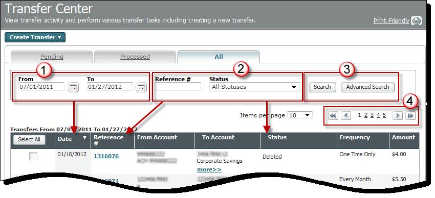 The transfers included on each of the tabs are as follows: The Pending tab displays transfers that have a pending (non-final) status, such as Pending Add Approval.