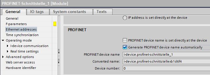 2. In the inspector window, select the parameter group Ethernet addresses and deactivate the checkbox Generate PROFINET device name automatically ). Figure 3-5 3.