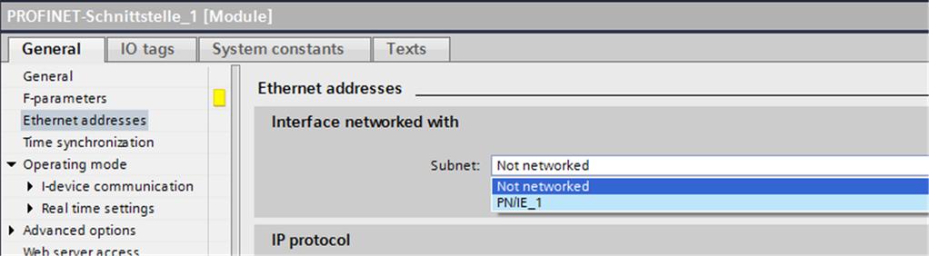 4. Select the parameter group Ethernet addresses and, under Interface networked with, select the subnet to be connected from the Subnet dropdown list.