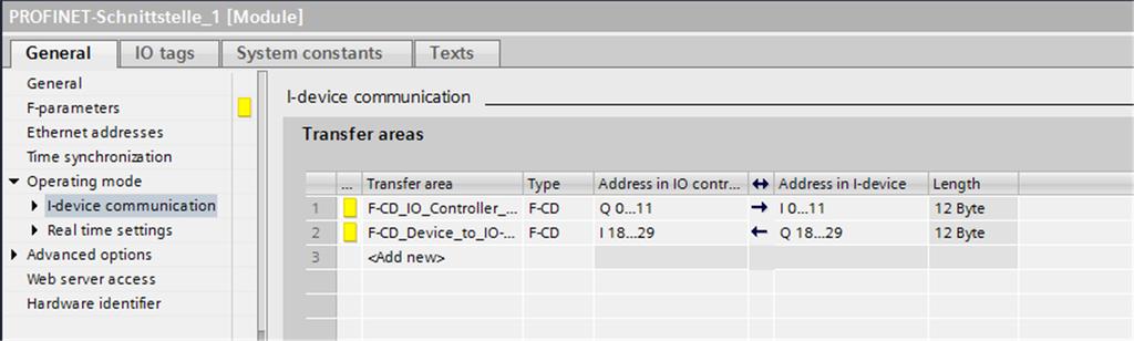 4. Create an additional transfer area by clicking in the second field. Change the address range direction with a click on the arrow symbol.